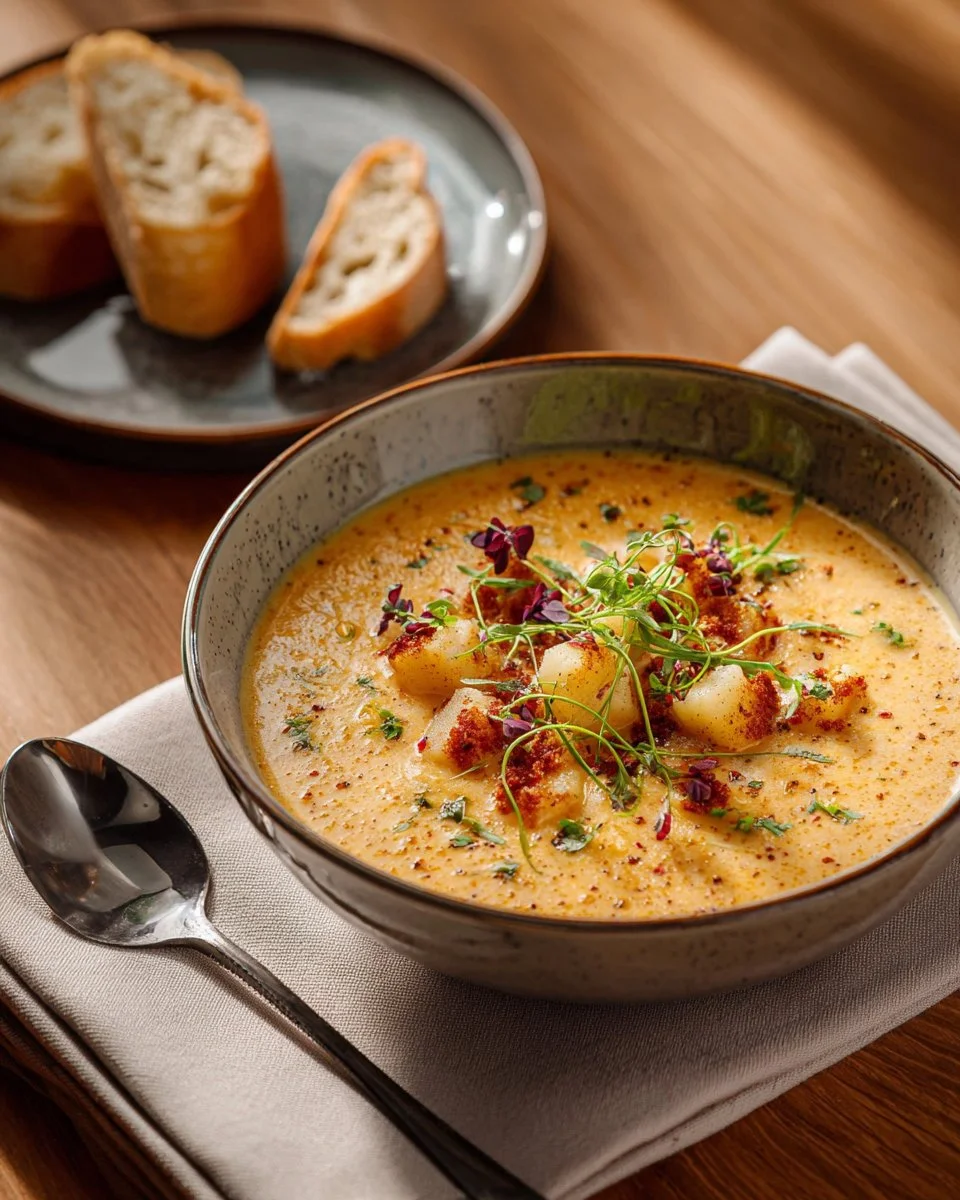 Bowl of Cheddar Garlic Herb Potato Soup garnished with herbs and cheese