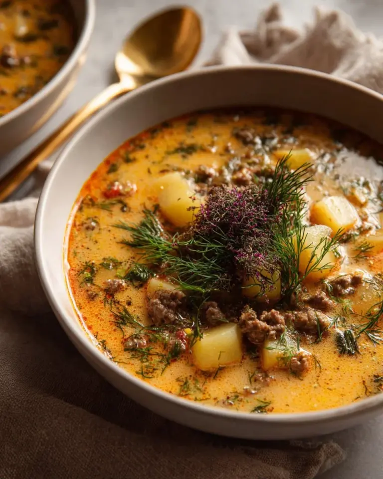Delicious bowl of cheeseburger soup topped with cheese and herbs