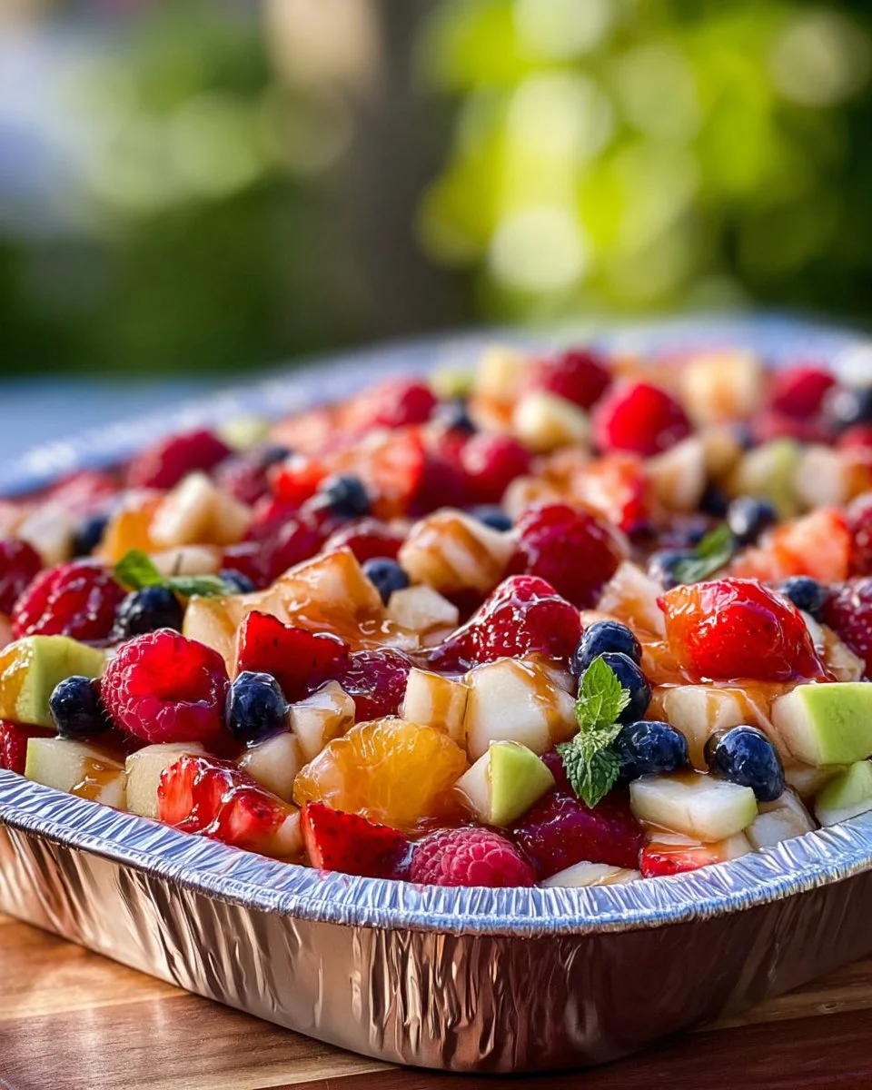 Bowl of cheesecake fruit salad with fresh fruits and creamy cheesecake topping