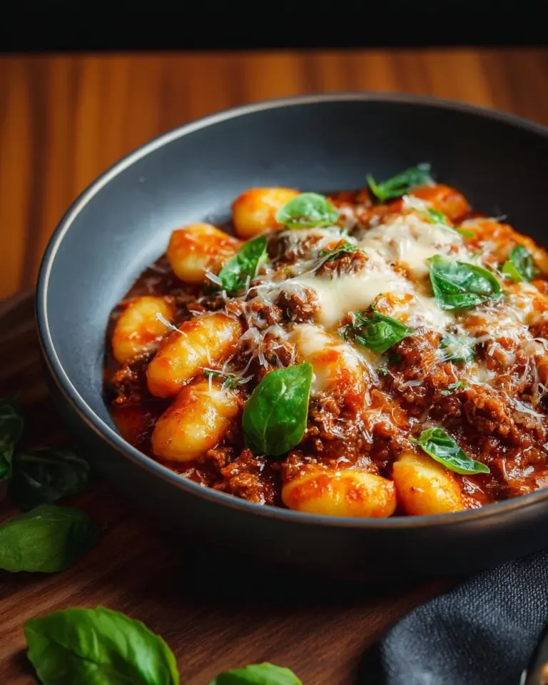 Cheesy Bolognese Gnocchi Bake topped with melted cheese and fresh herbs