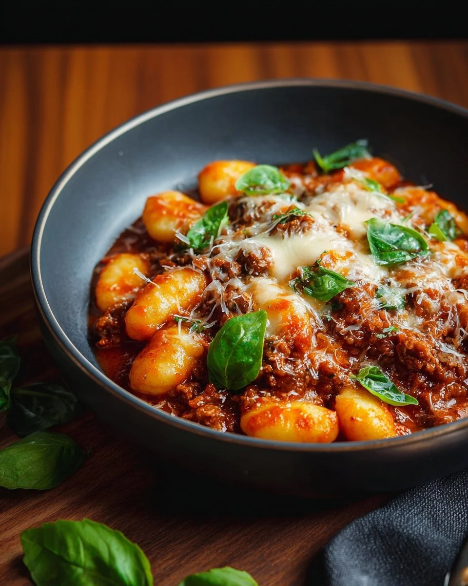 Cheesy Bolognese Gnocchi Bake topped with melted cheese and fresh herbs