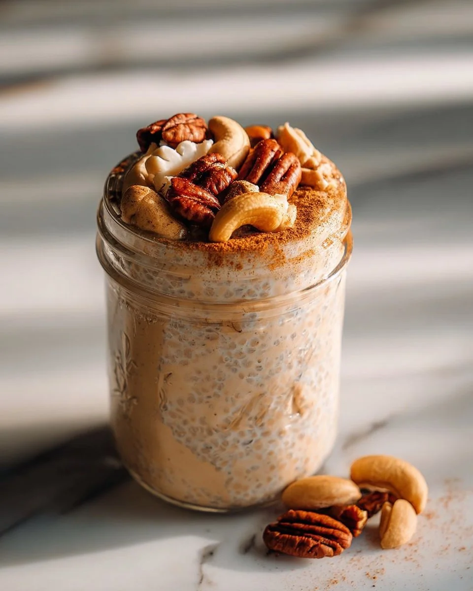 Delicious Chestnut Praline Overnight Oats served in a glass bowl with toppings.