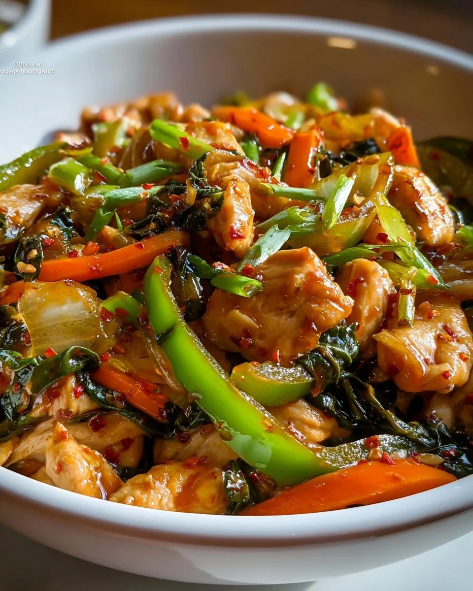 A colorful Chicken Cabbage Stir-Fry dish served in a bowl
