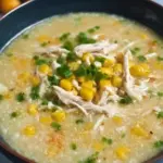 Bowl of homemade Chicken Corn Soup with fresh corn and chicken pieces.