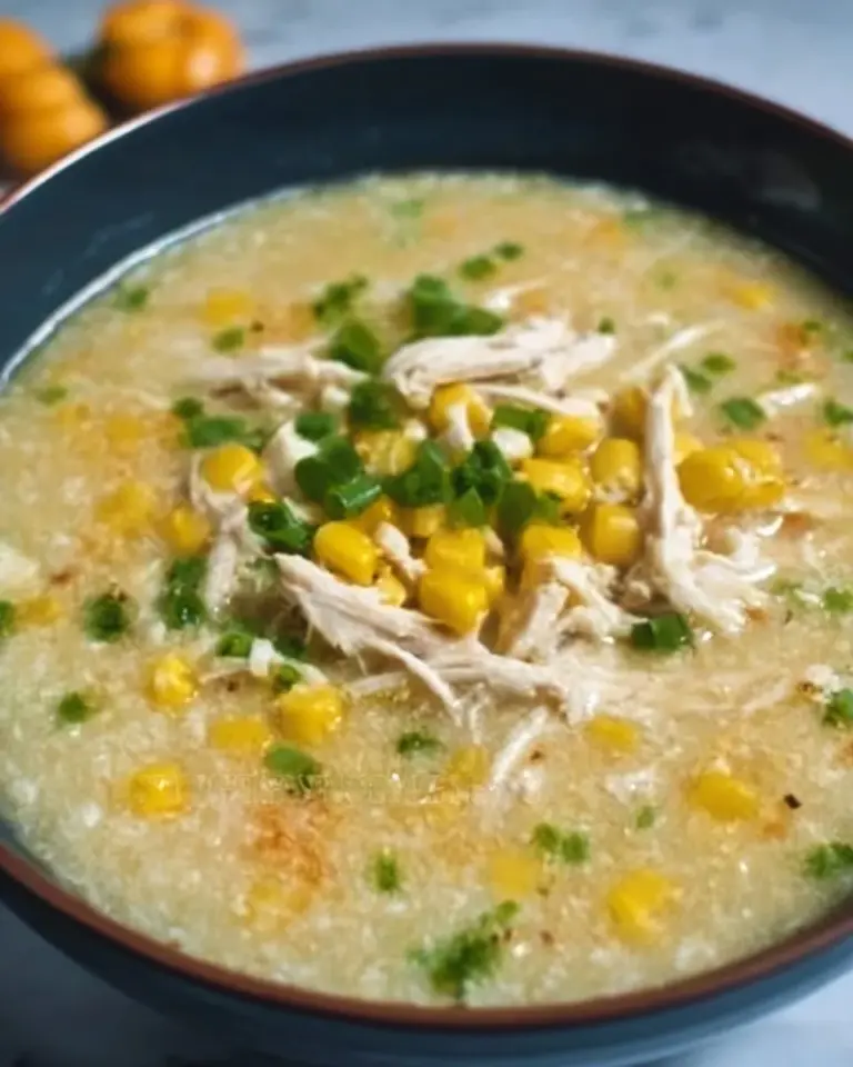 Bowl of homemade Chicken Corn Soup with fresh corn and chicken pieces.