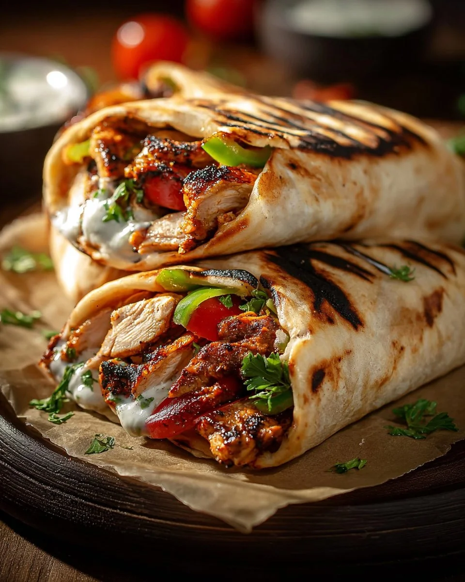 Delicious Chicken Gyros with marinated chicken, fresh veggies, and tzatziki sauce