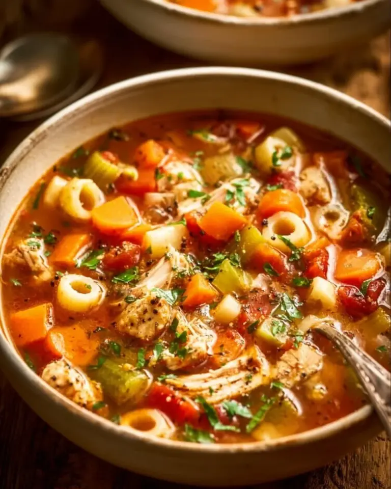 Bowl of homemade chicken soup with vegetables and herbs