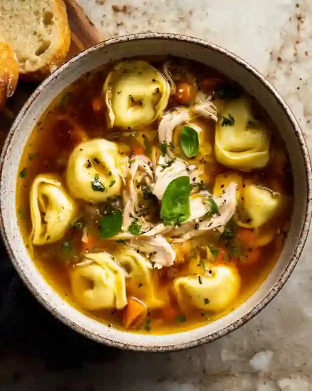Bowl of Chicken Tortellini Soup garnished with herbs and vegetables