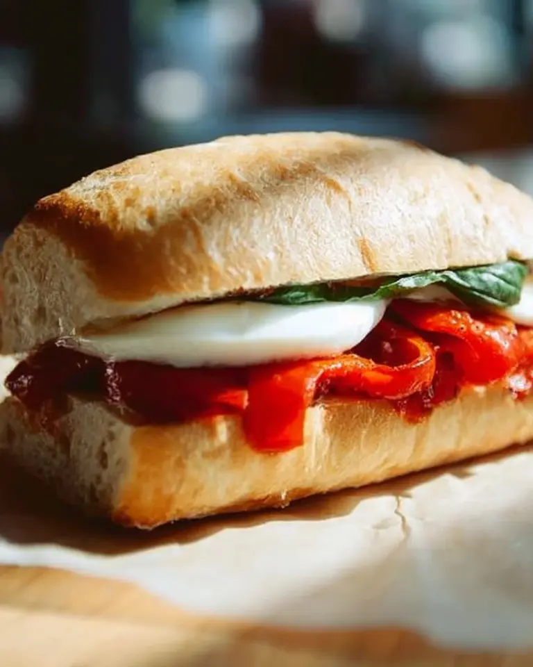 Ciabatta Caprese Sandwich with fresh mozzarella, tomatoes, and basil