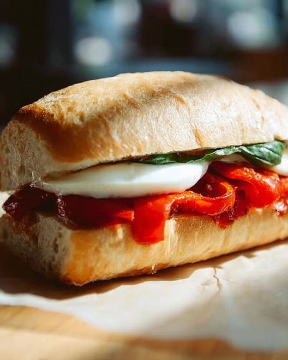 Ciabatta Caprese Sandwich with fresh mozzarella, tomatoes, and basil