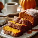 Deliciously spiced cinnamon sugar pumpkin bread loaf fresh out of the oven.