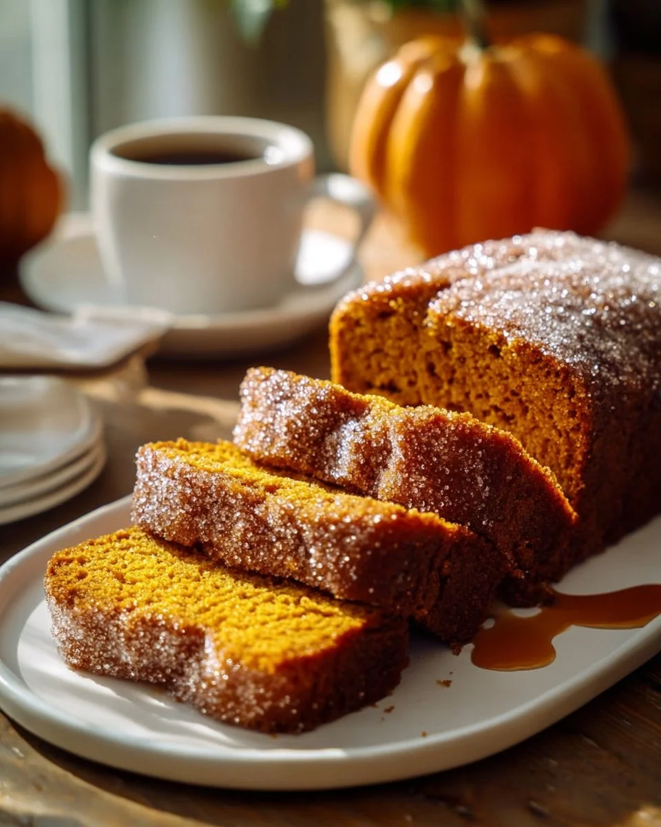 Deliciously spiced cinnamon sugar pumpkin bread loaf fresh out of the oven.