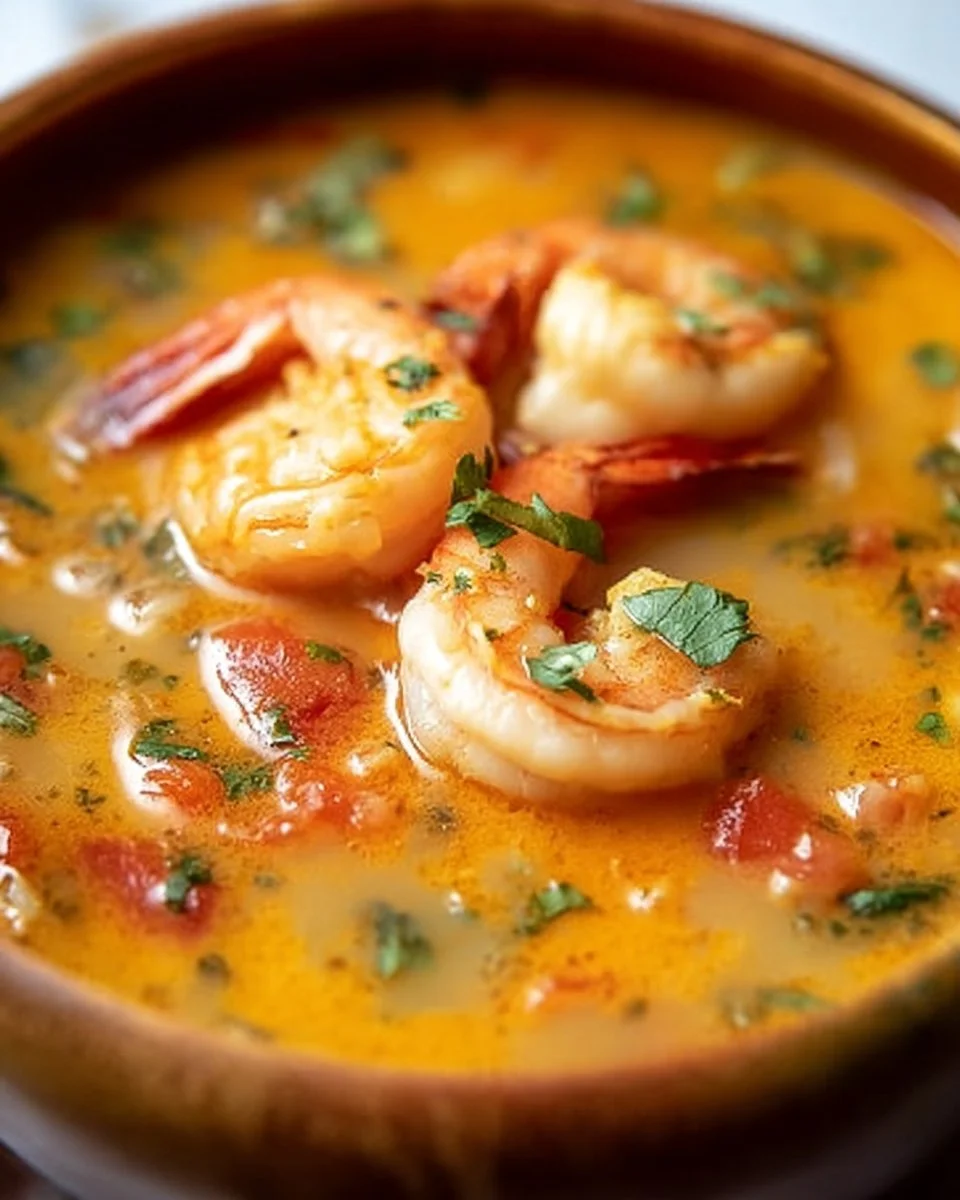 Bowl of coconut curry shrimp soup garnished with herbs and spices
