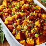 Cornbread stuffing with bacon served in a dish, a savory holiday side dish.