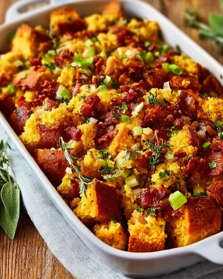 Cornbread stuffing with bacon served in a dish, a savory holiday side dish.