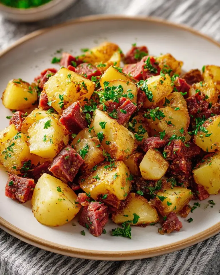 Delicious homemade corned beef hash served in a skillet with eggs
