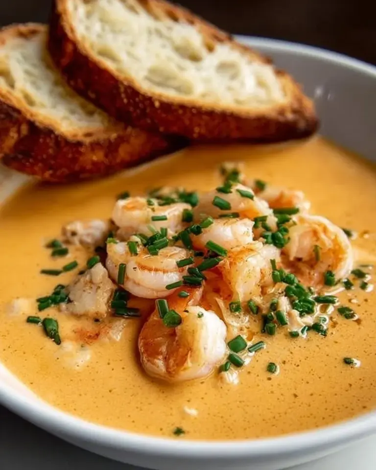 Creamy crab and shrimp seafood bisque served in a bowl garnished with herbs