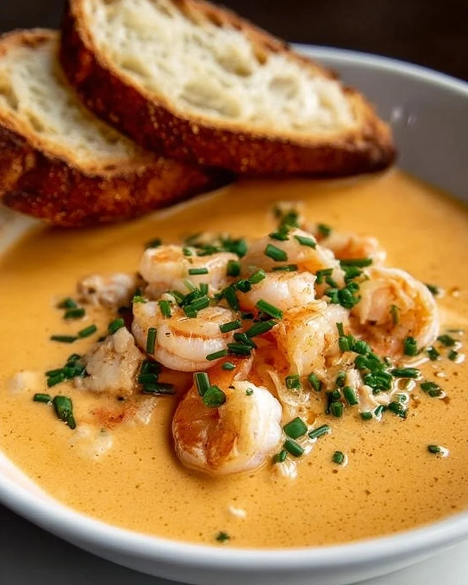 Creamy crab and shrimp seafood bisque served in a bowl garnished with herbs
