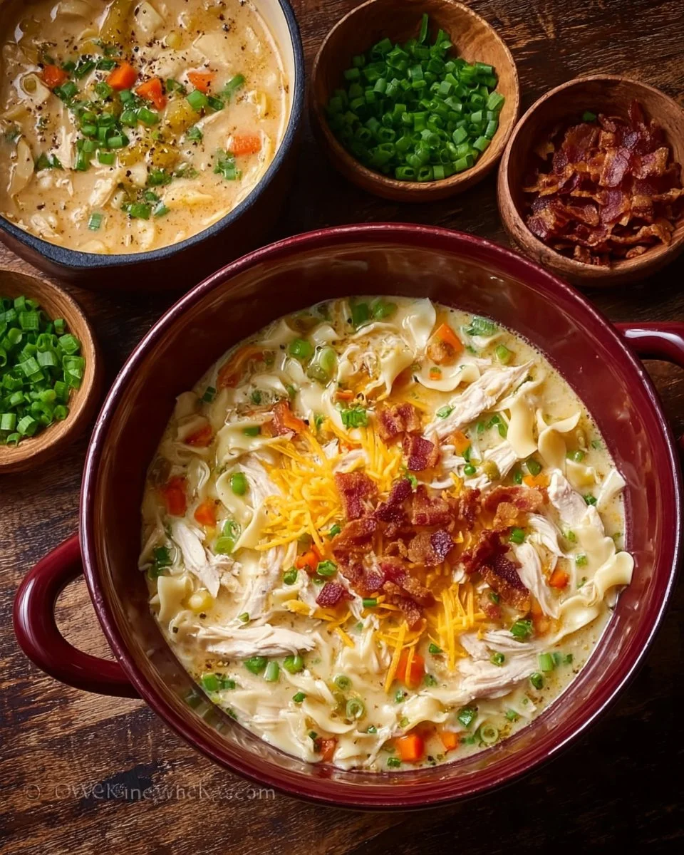 Bowl of Crack Chicken Noodle Soup with herbs and vegetables