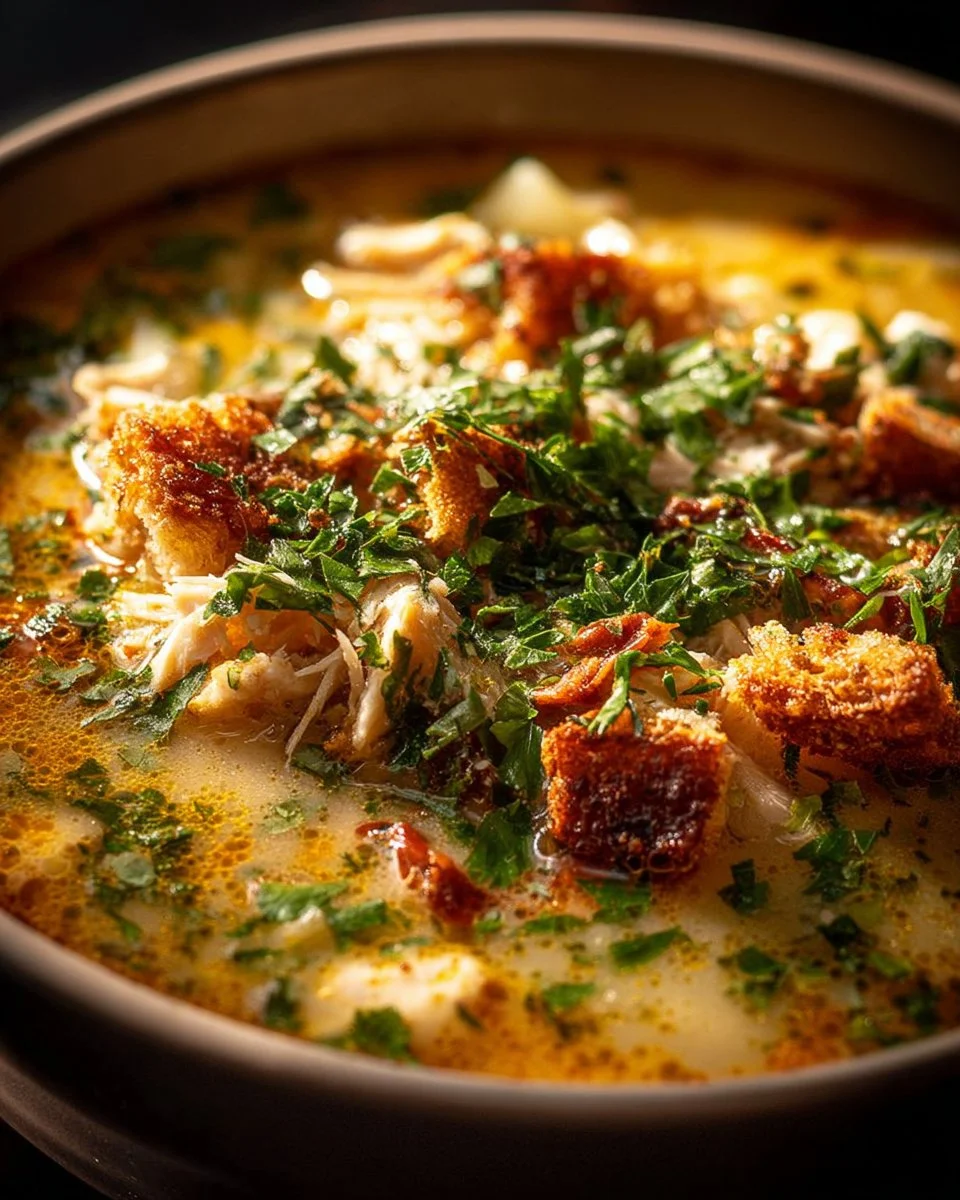Bowl of creamy Crack Chicken Soup garnished with herbs and spices.