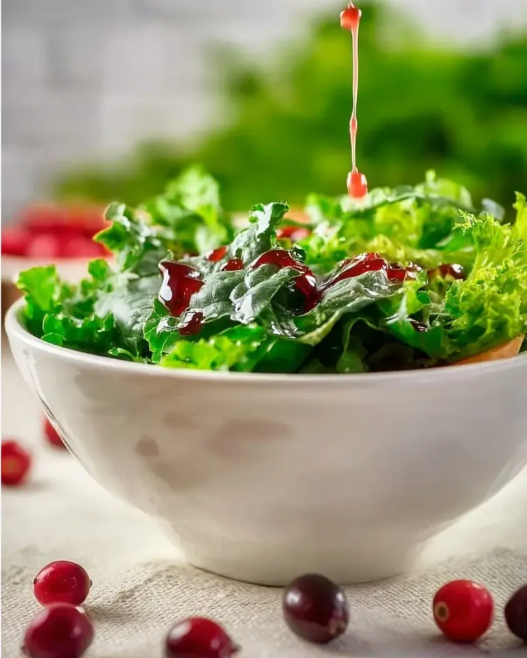 Homemade cranberry sauce vinaigrette drizzled on a fresh salad.