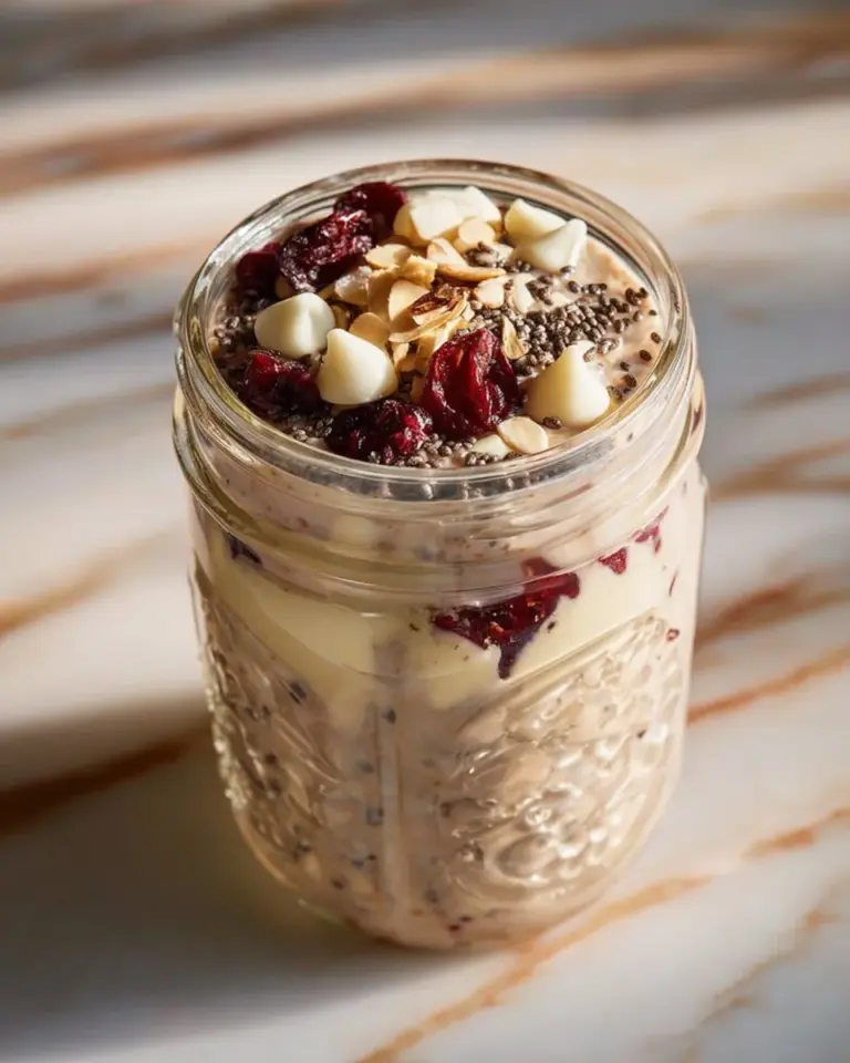 Cranberry White Chocolate Overnight Oats in a jar with fresh cranberries and chocolate chunks