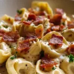 Delicious creamy bacon and cheese tortellini served in a bowl