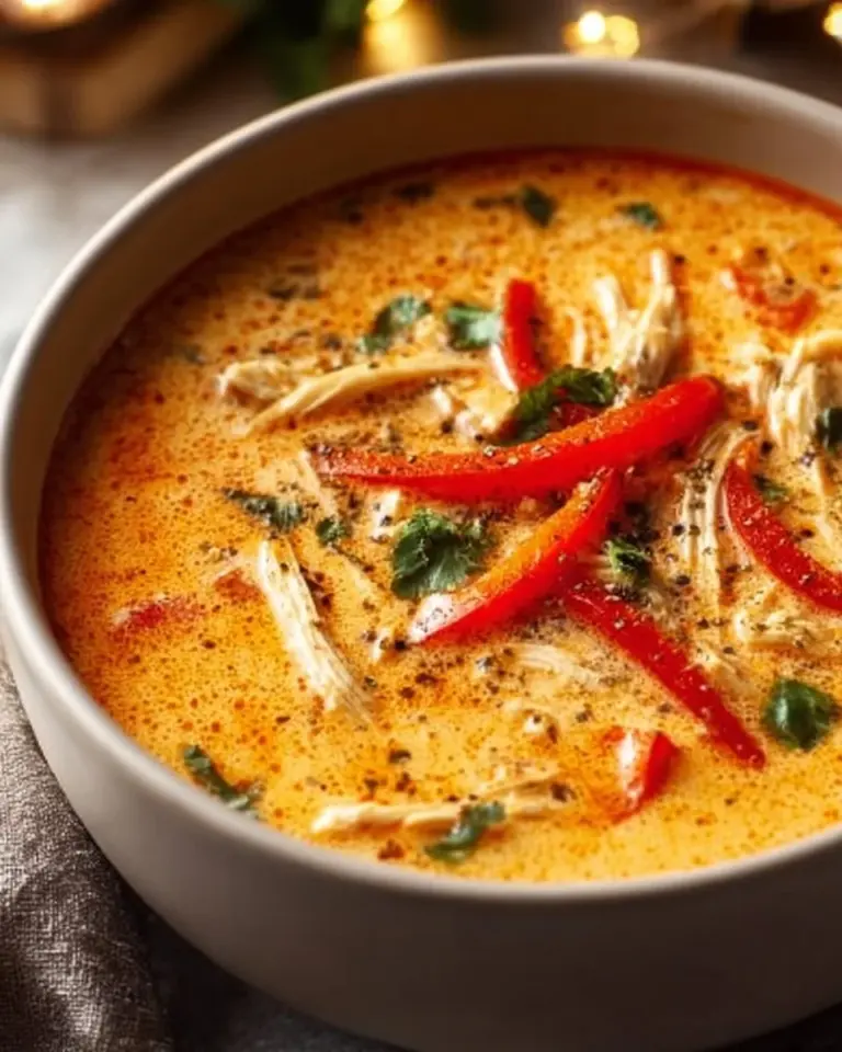 Bowl of creamy Cajun chicken soup garnished with herbs and spices