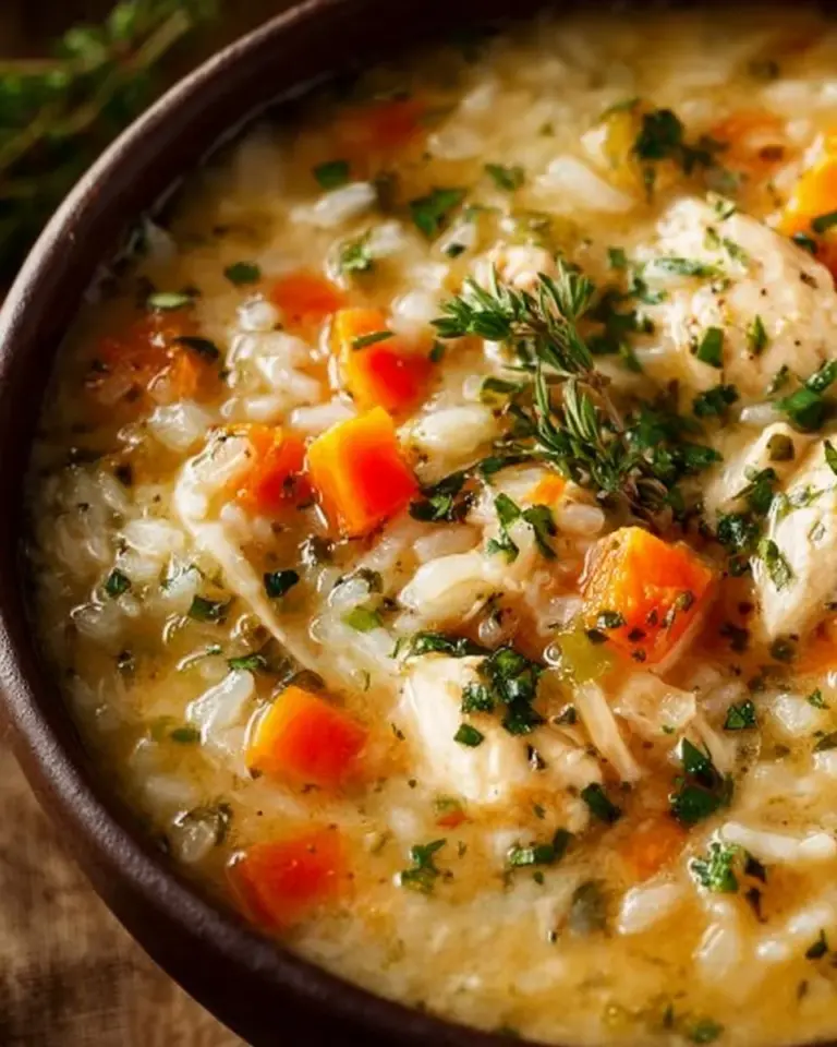 Bowl of creamy chicken rice soup garnished with herbs and vegetables