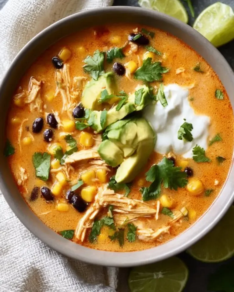 Bowl of creamy chicken enchilada soup topped with cilantro and cheese
