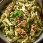Creamy chicken pesto pasta served in a bowl with fresh basil and parmesan cheese.