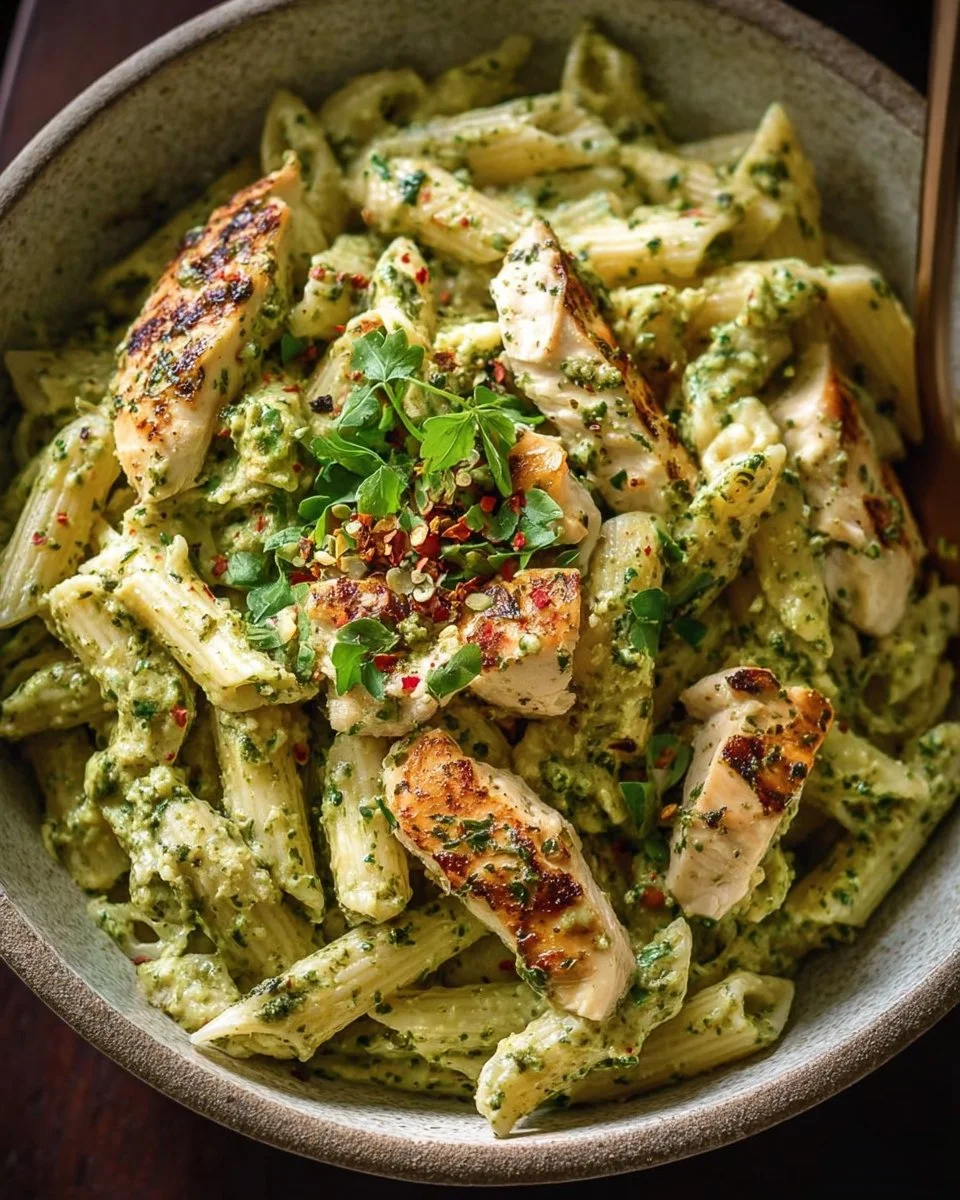 Creamy chicken pesto pasta served in a bowl with fresh basil and parmesan cheese.