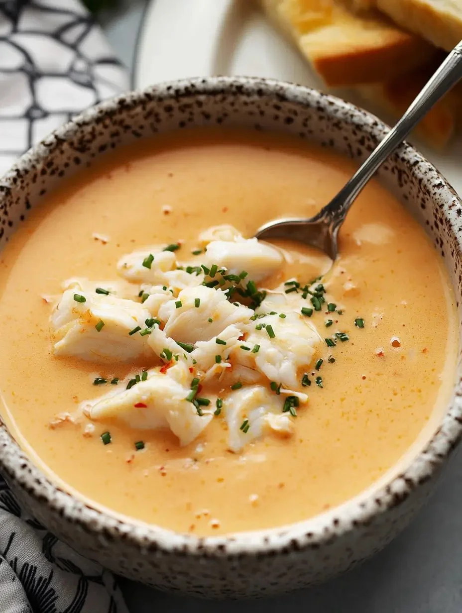 Bowl of creamy crab bisque garnished with fresh herbs and served with crusty bread