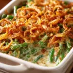 Creamy green bean casserole topped with crispy onions in a serving dish