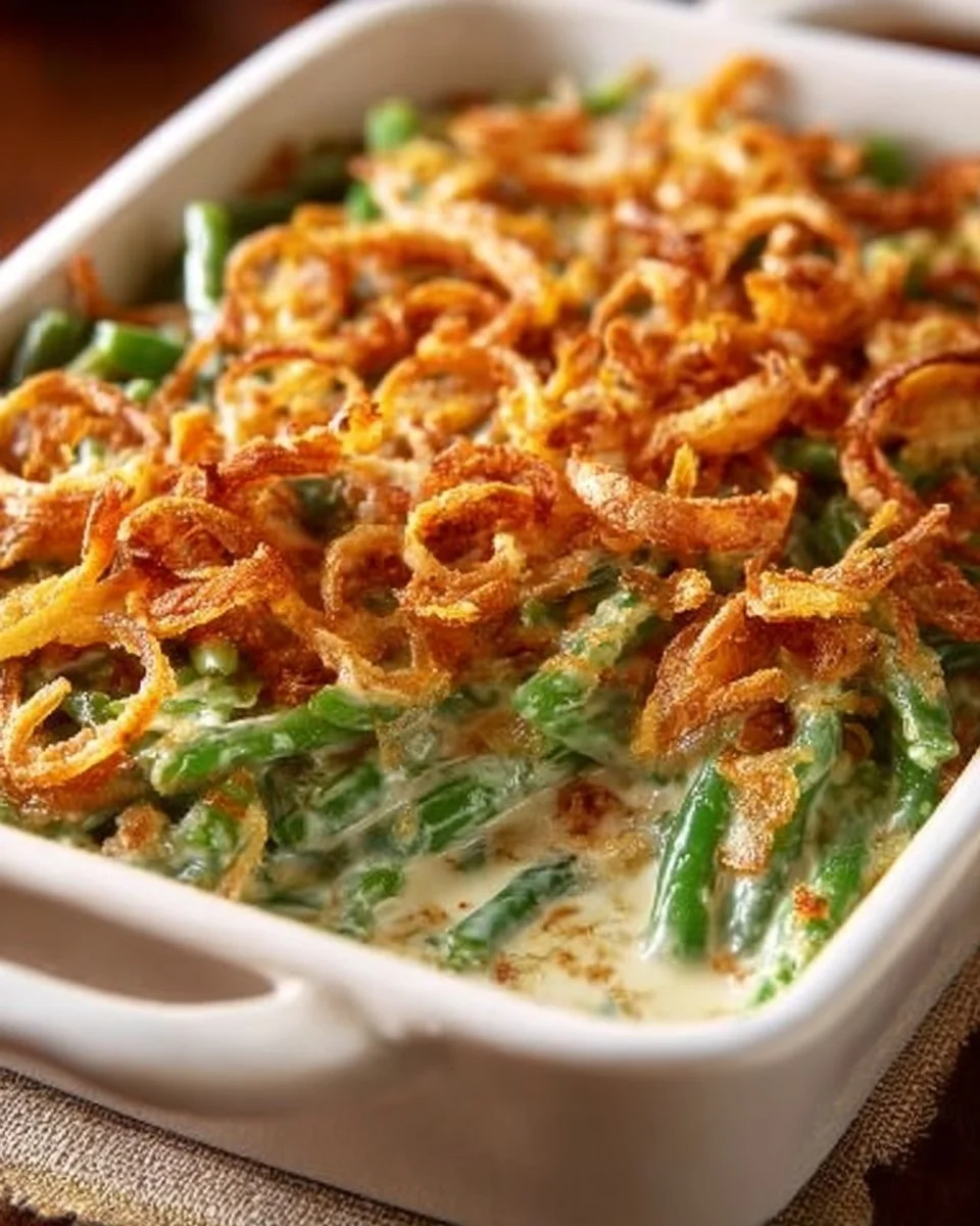 Creamy green bean casserole topped with crispy onions in a serving dish