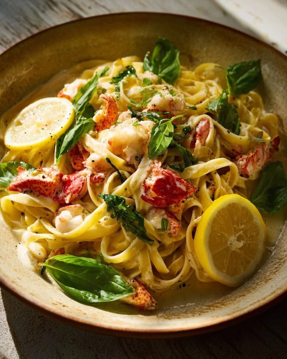 Creamy lemon pasta with lobster served in a bowl, garnished with herbs.