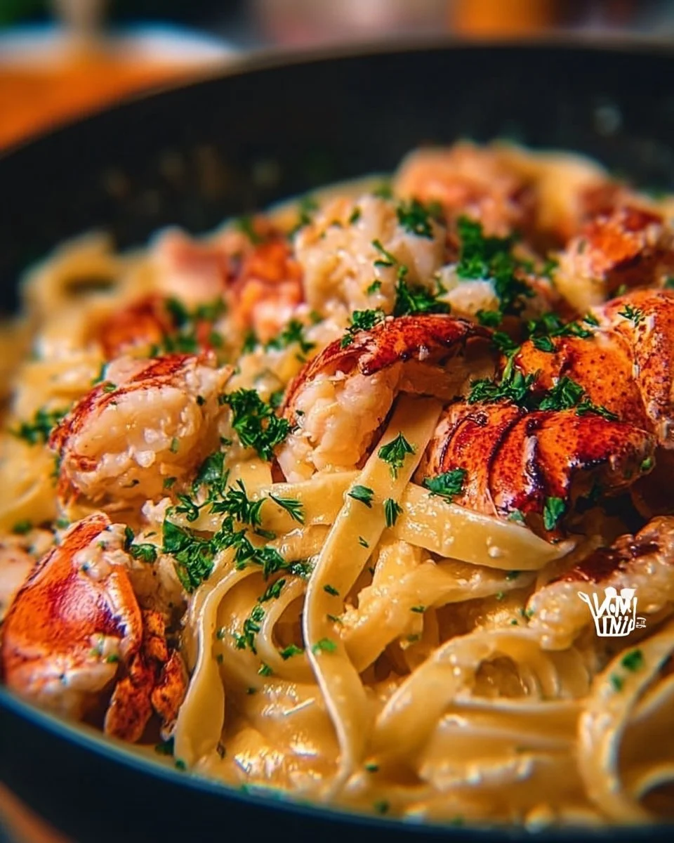 Creamy lobster sauce poured over pasta, showcasing its rich texture and vibrant color.