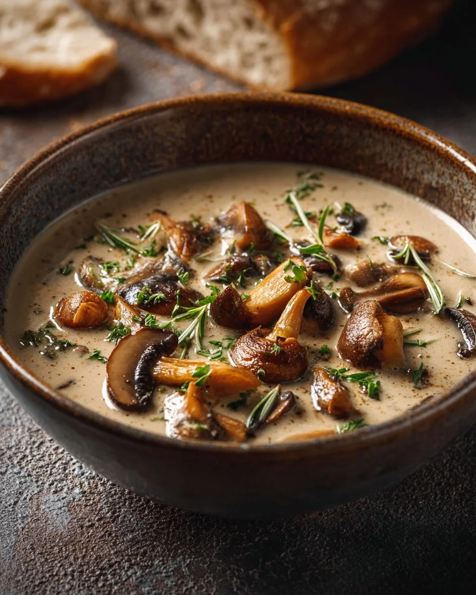 Bowl of creamy mushroom soup garnished with fresh herbs and served with bread.