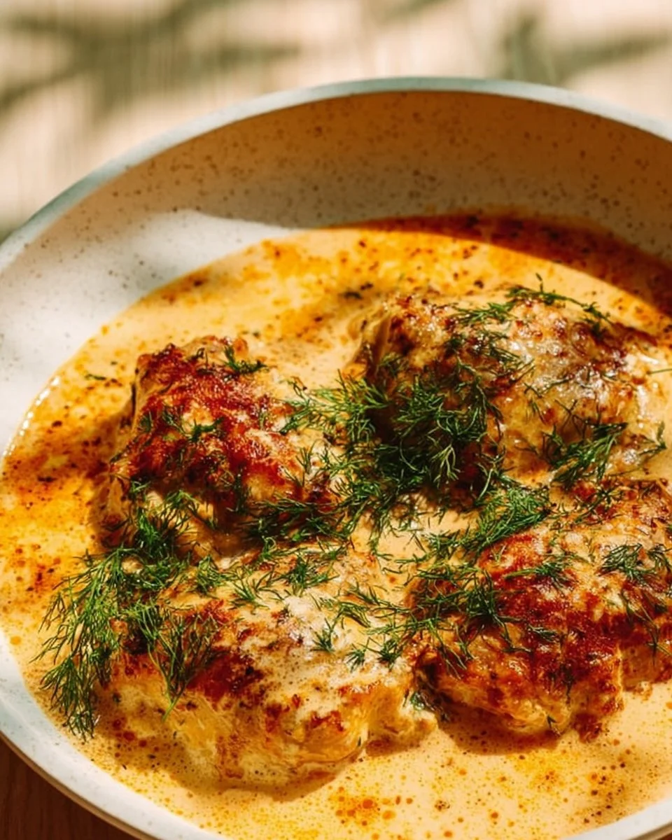 Creamy oven baked chicken thighs in a baking dish