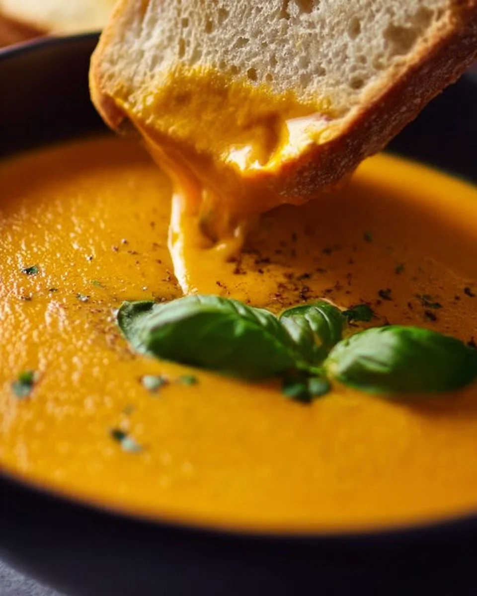 Bowl of creamy roasted veggie soup garnished with fresh herbs