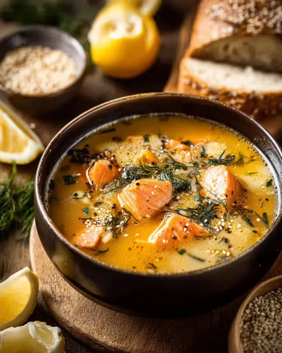 Creamy salmon soup served in a bowl with herbs on top