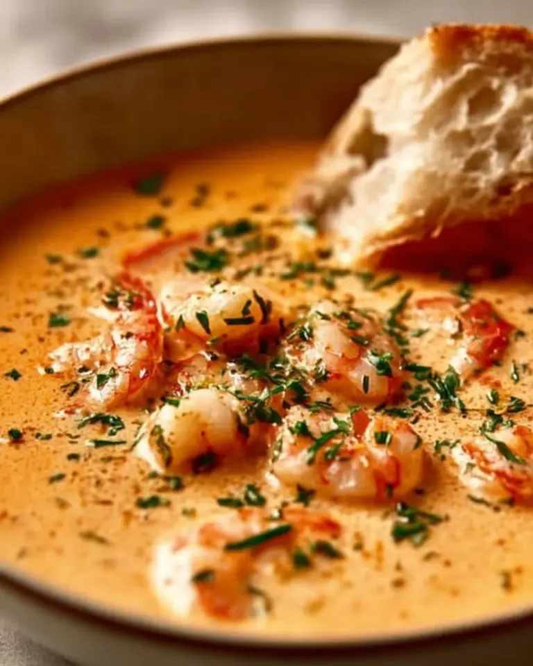 Delicious creamy seafood bisque served in a bowl with garnishes