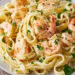 Plate of creamy shrimp fettuccine Alfredo garnished with parsley and parmesan cheese.