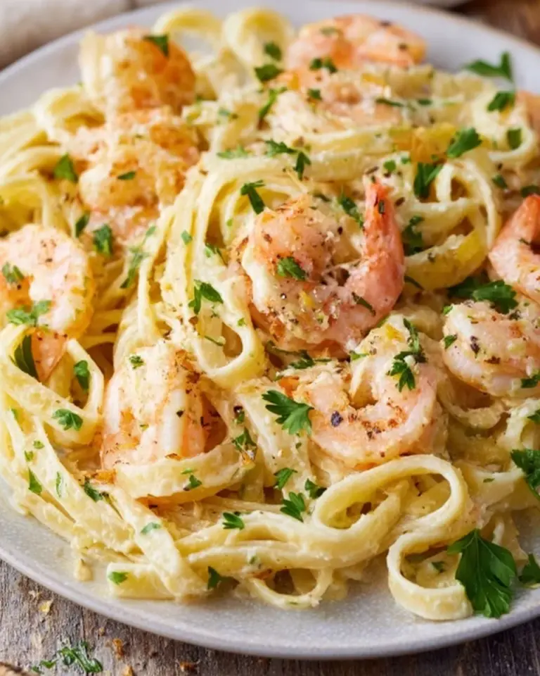 Plate of creamy shrimp fettuccine Alfredo garnished with parsley and parmesan cheese.