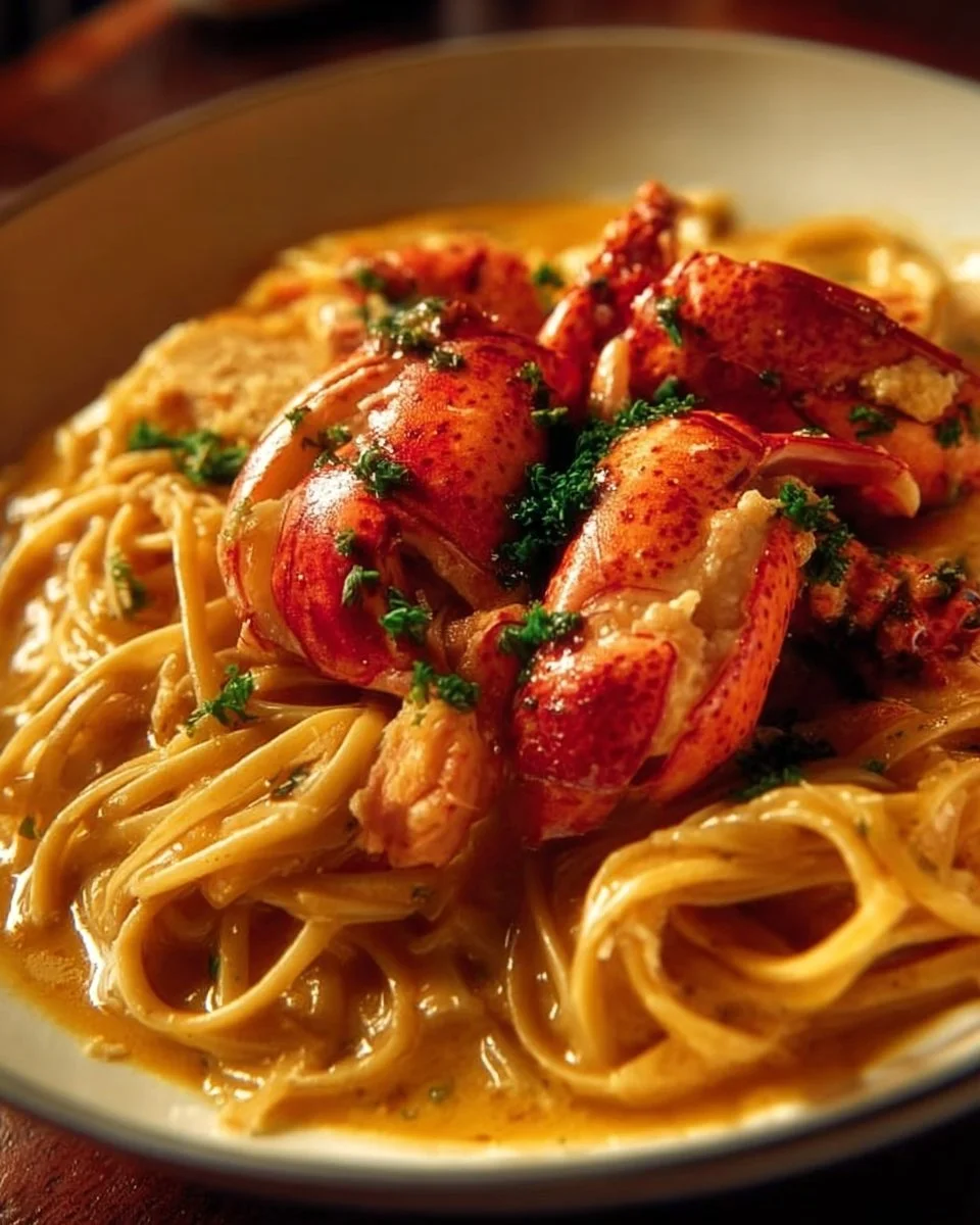 Creamy spicy lobster pasta with herbs and spices in a bowl