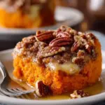 Creamy sweet potato casserole topped with marshmallows and pecans.