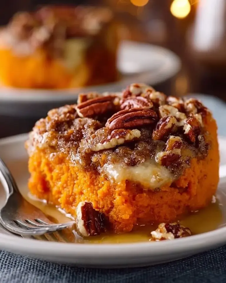 Creamy sweet potato casserole topped with marshmallows and pecans.
