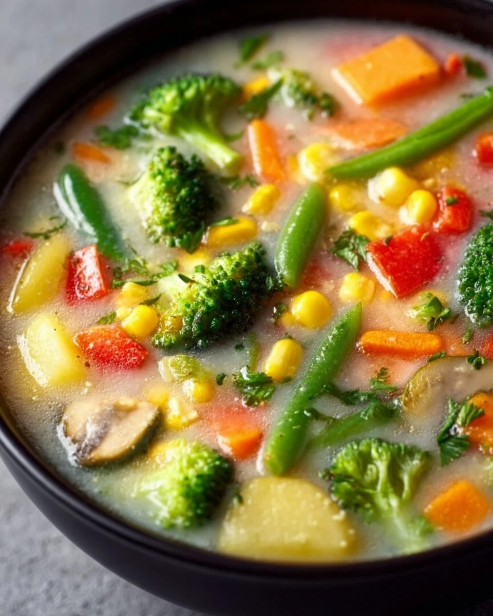 Bowl of creamy vegetable soup with fresh vegetables and herbs