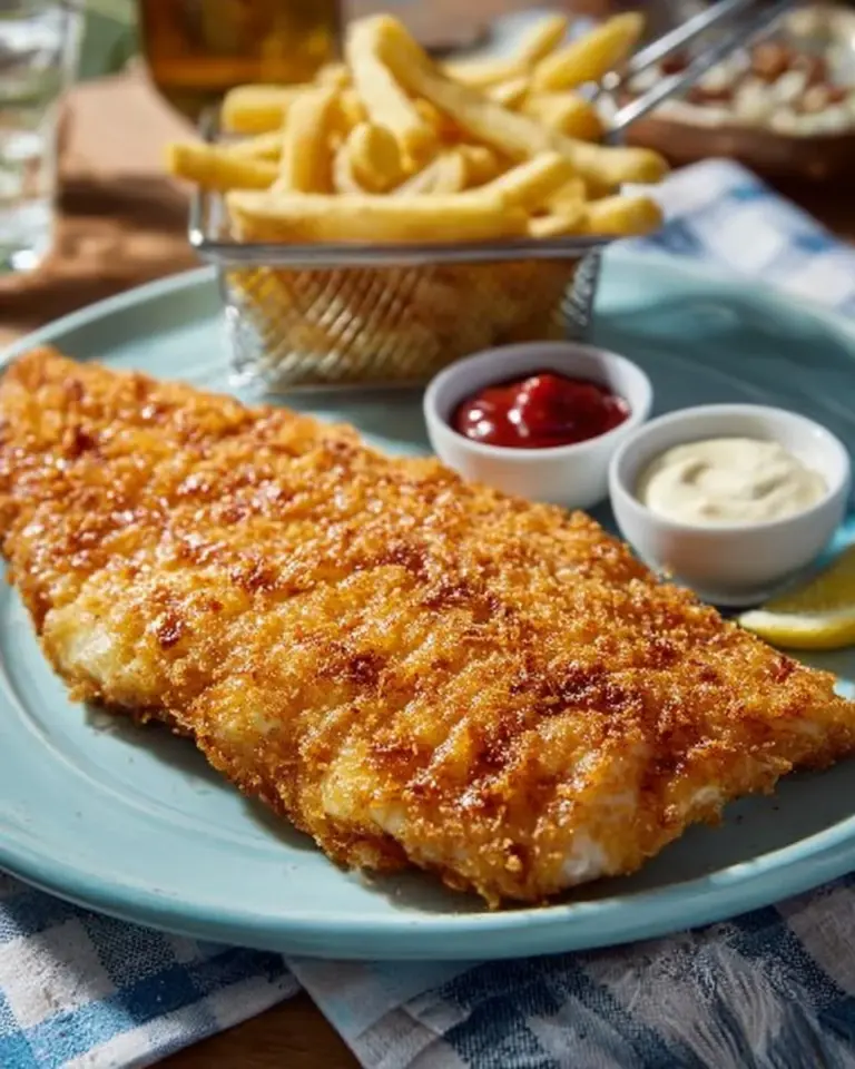 Crispy air fryer fish on a plate garnished with lemon and herbs