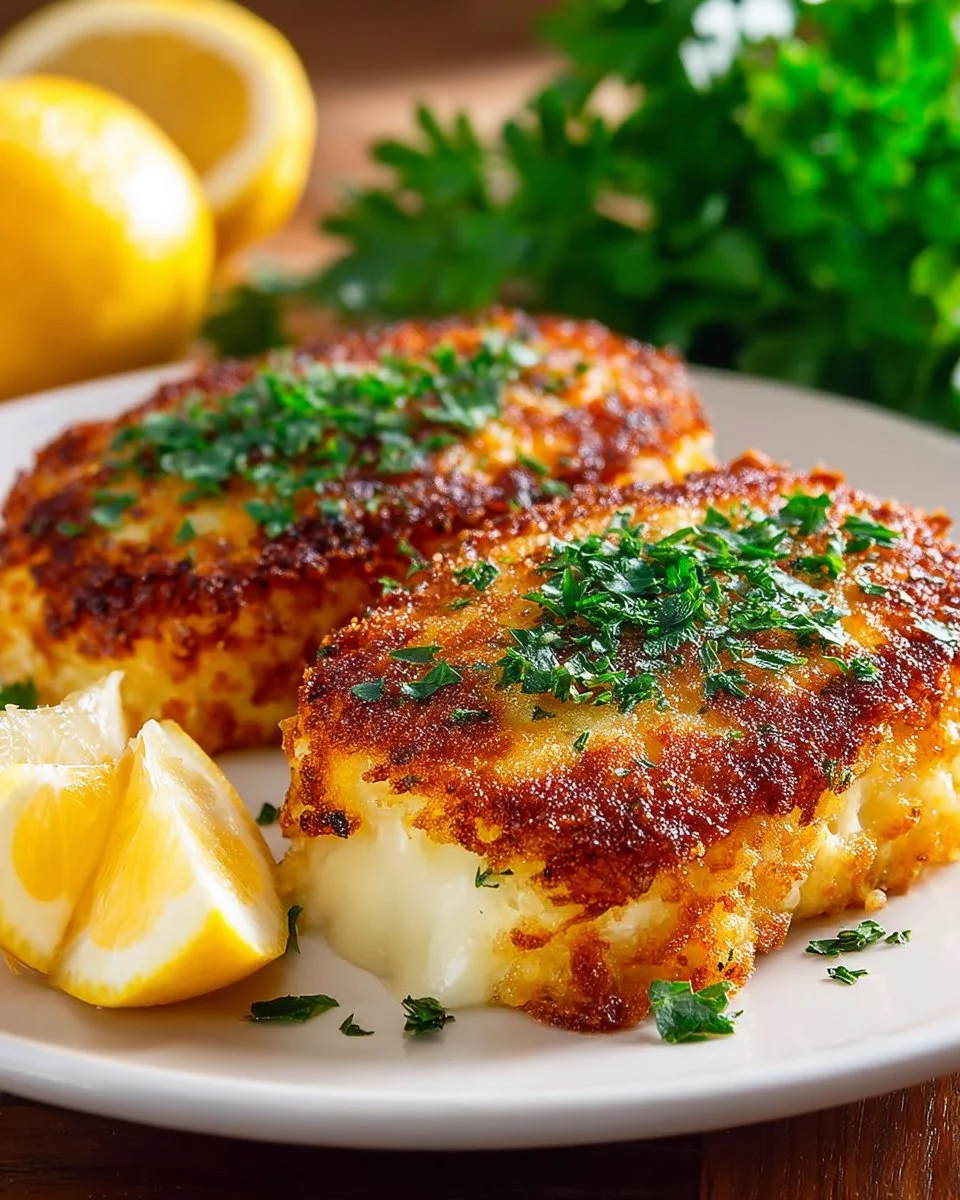 Crispy air fryer Parmesan cod served with lemon and herbs